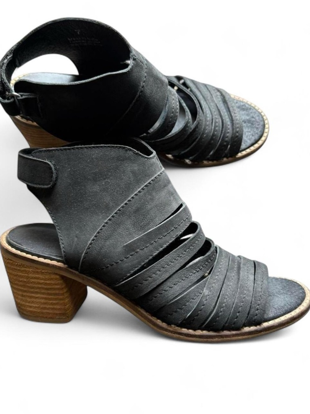 Black Leather Strappy Block Heel Open Toe Booties Size 7
